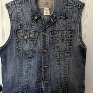 Y2K True Religion Blue Denim Trucker Vest Cut Off Mens Sz XXL  2000s